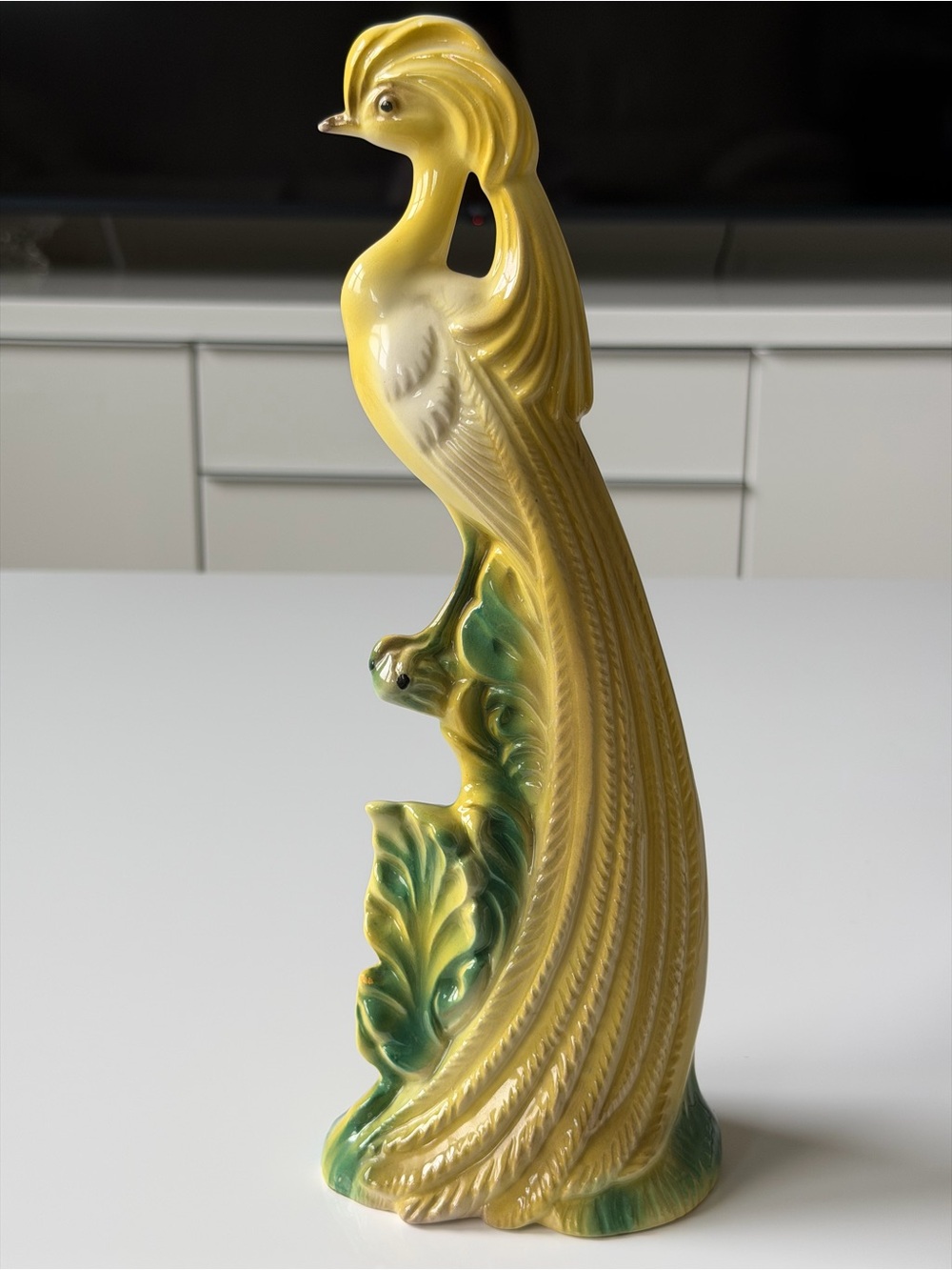 Vintage Ceramic Peacock Figurine Yellow Glossy Mid-Century Decor Bird Statue - Picture 1 of 11